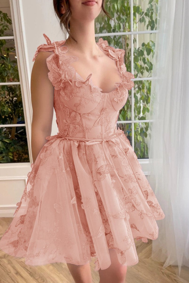 Natalie | Aline Short Tulle Prom Dress with 3D Butterflies