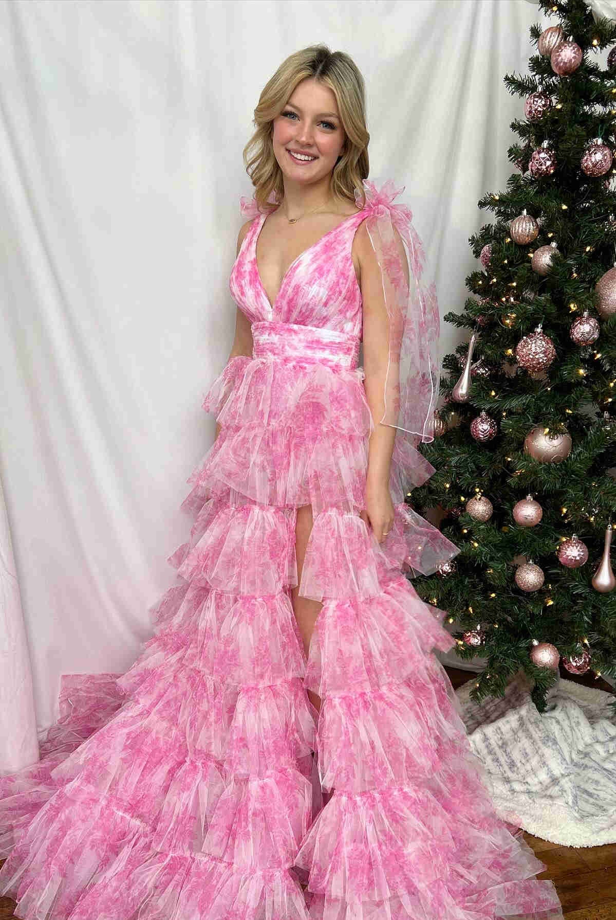 KissProm-Kylee V-Neck Tie Straps Pink Floral Print Layered Long Prom Dress