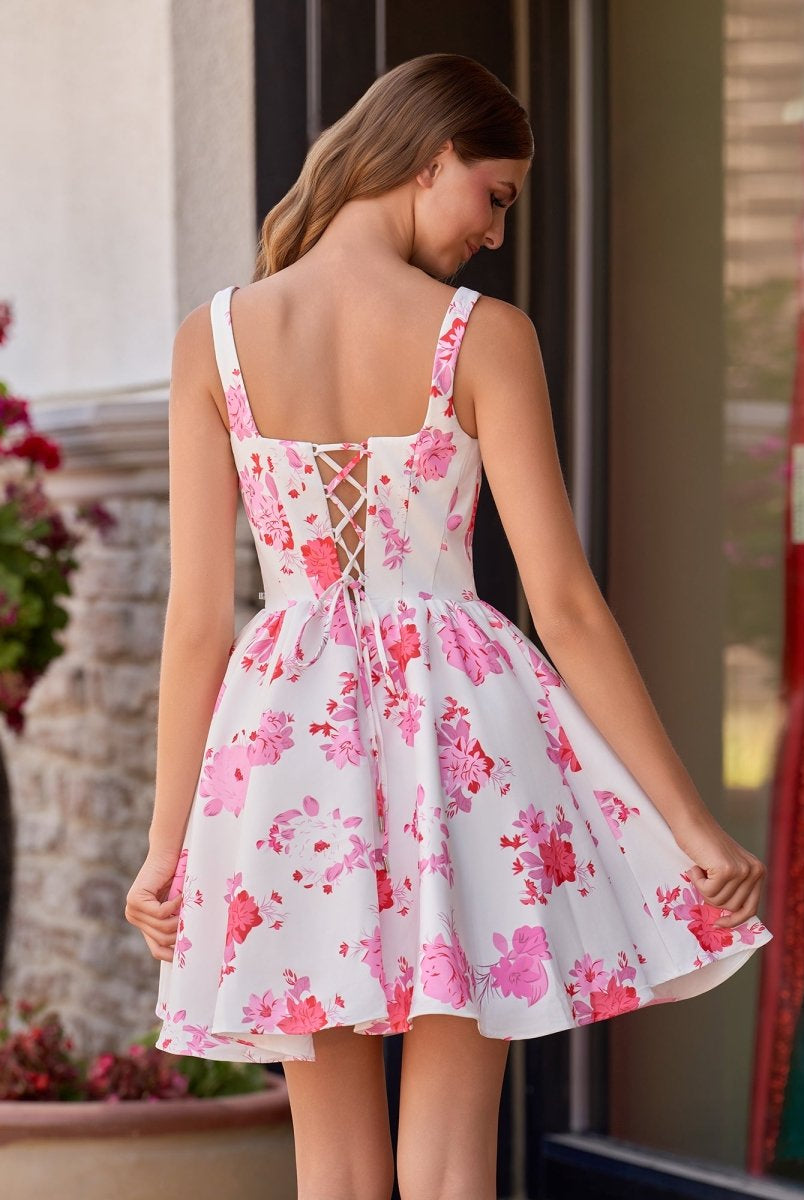 Pink A Line Floral Short Homecoming Dress