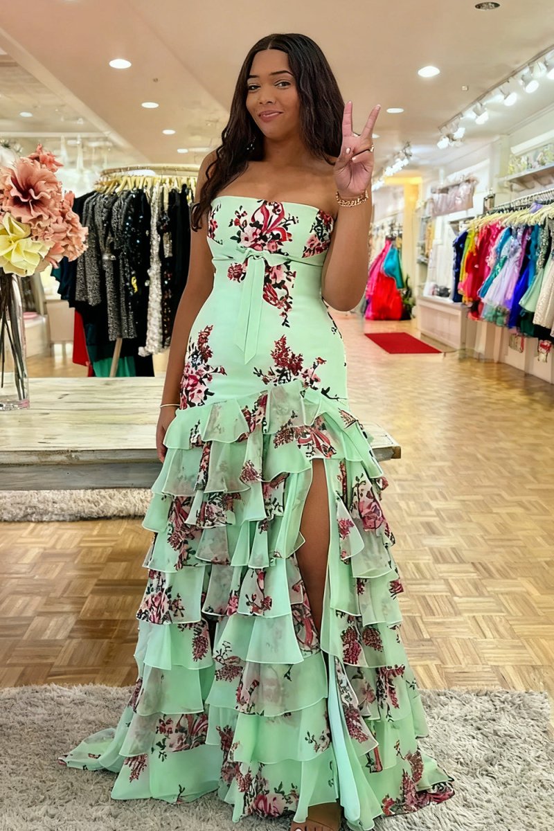 KissProm-Filante Sage Strapless Sheath Floral Chiffon Ruffles Long Formal Prom Dresses With Bow