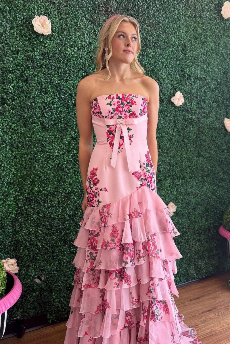 KissProm-Filante Pink Strapless Sheath Floral Chiffon Ruffles Long Formal Prom Dresses With Bow