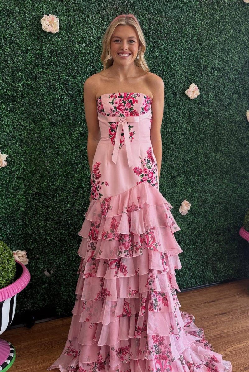 KissProm-Filante Pink Strapless Sheath Floral Chiffon Ruffles Long Formal Prom Dresses With Bow