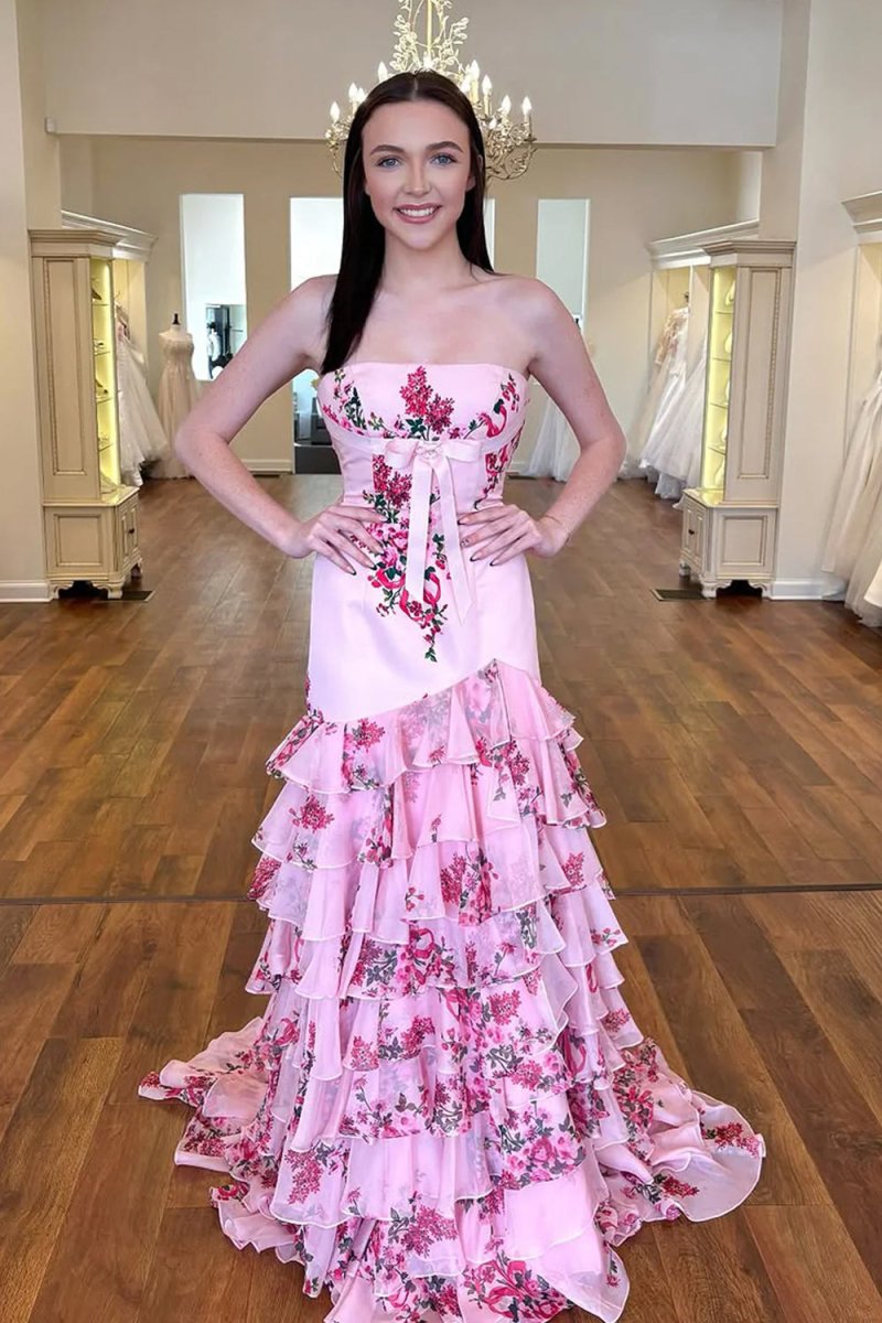 KissProm-Filante Pink Strapless Sheath Floral Chiffon Ruffles Long Formal Prom Dresses With Bow