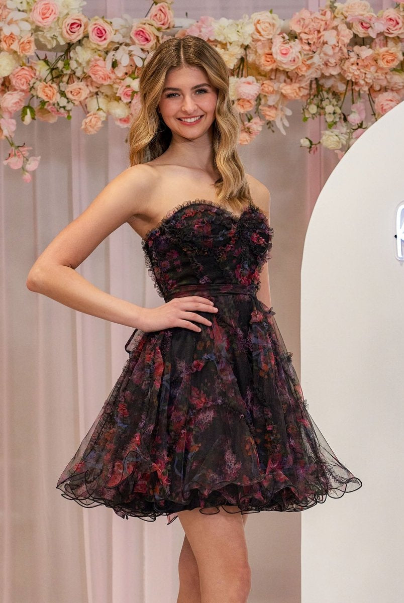 Kayla | A Line Strapless Floral Homecoming Dress
