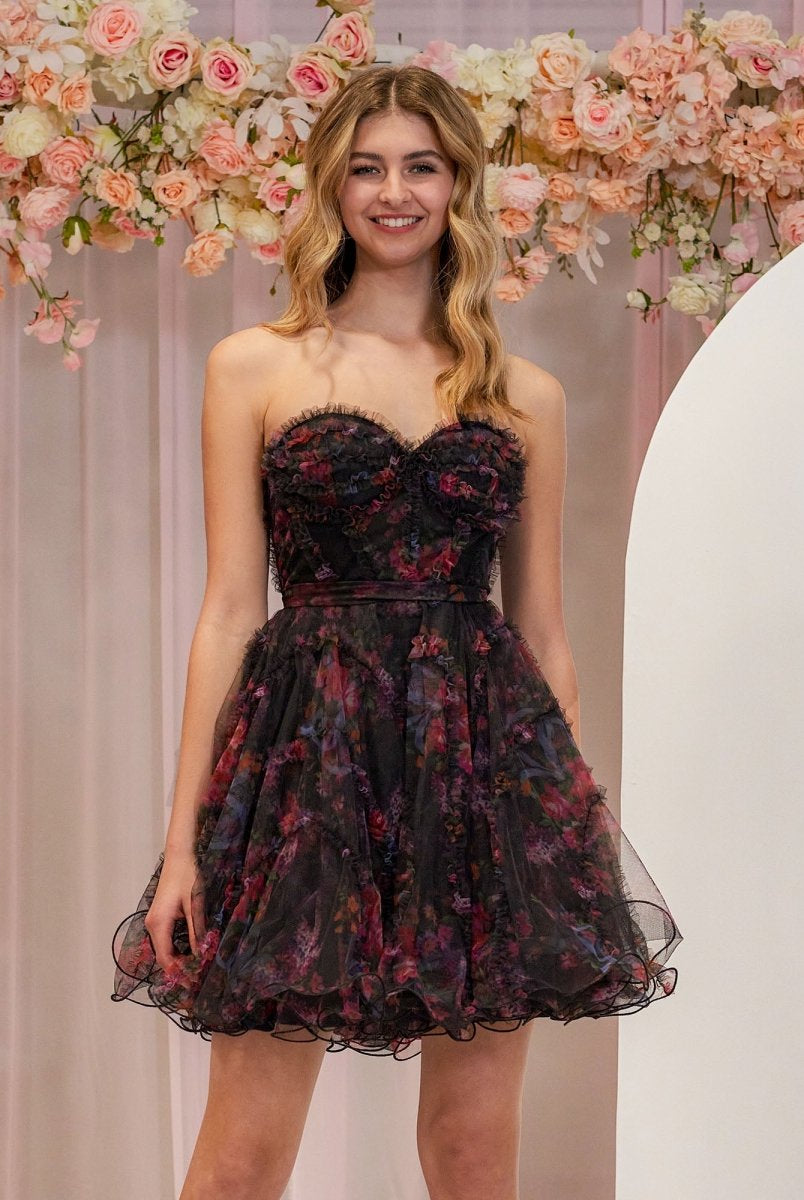 Kayla | A Line Strapless Floral Homecoming Dress