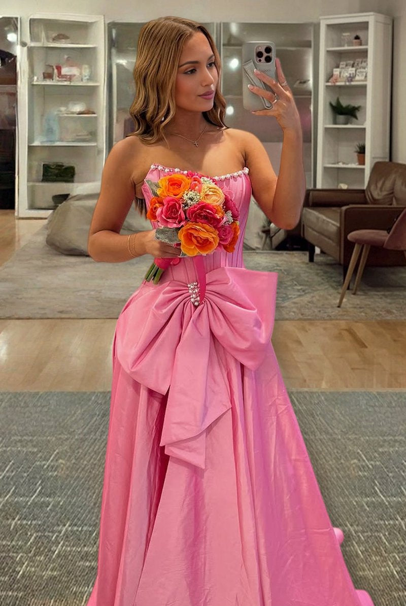 Aspen | Pink - Strapless A Line Satin Pearl Long Formal Prom Dresses With Bow - KissProm