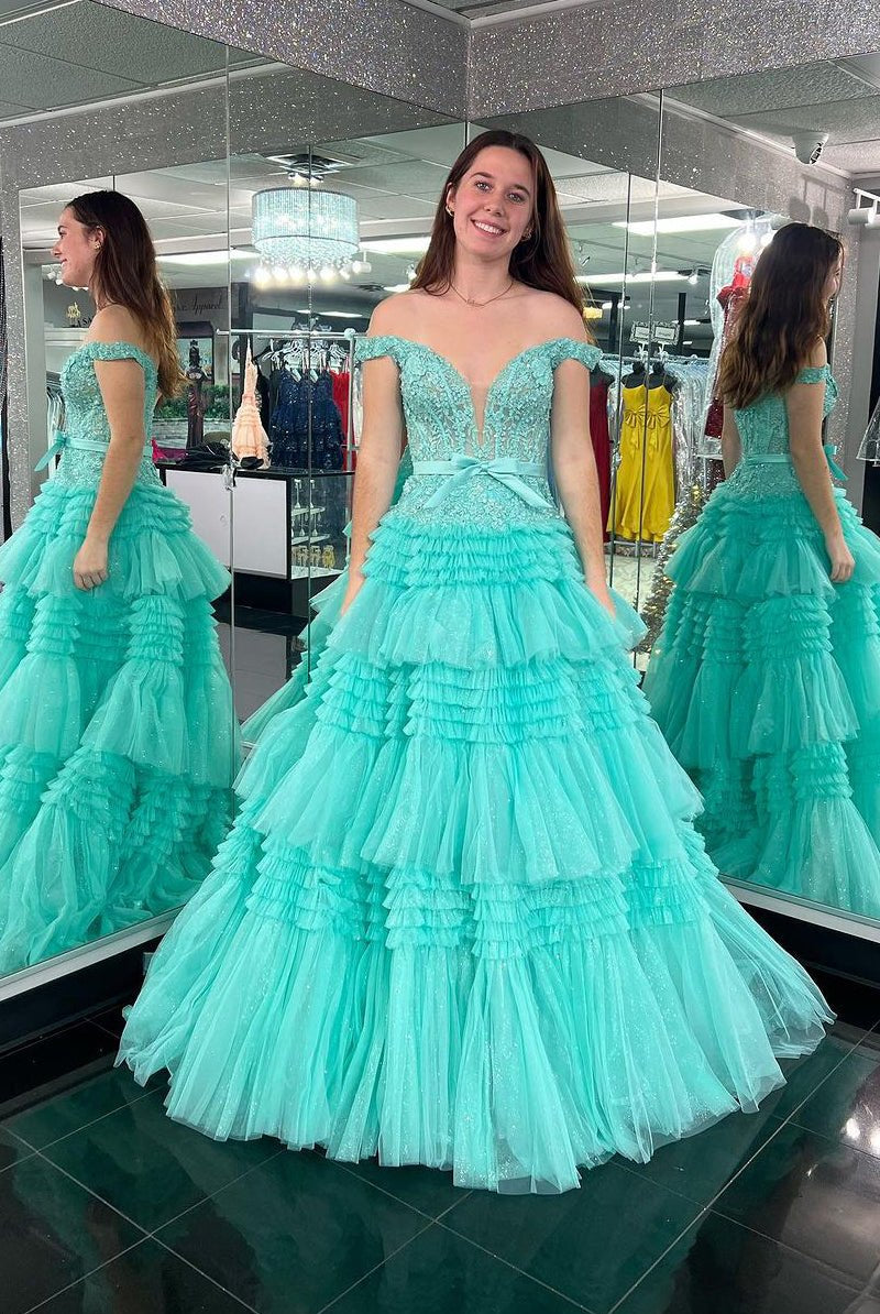 Pink A Line Tulle Ruffles Off the Shoulder Long Prom Dresses with Bow