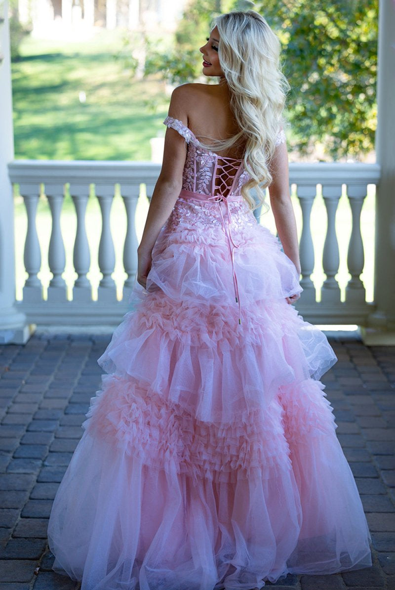 Pink A Line Tulle Ruffles Off the Shoulder Long Prom Dresses with Bow