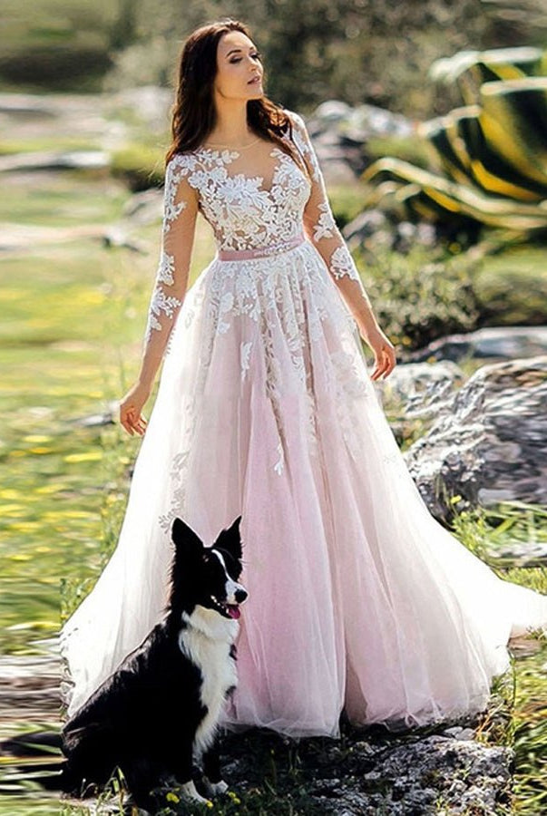 Pink and White Lace Appliques Long Sleeves Tulle Wedding Dresses with Belt