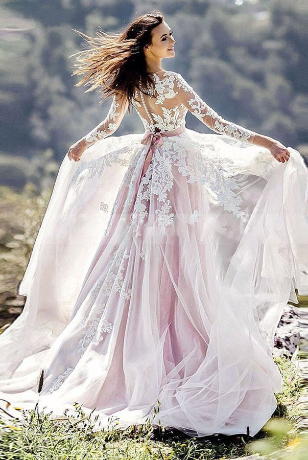 Pink and White Lace Appliques Long Sleeves Tulle Wedding Dresses with Belt