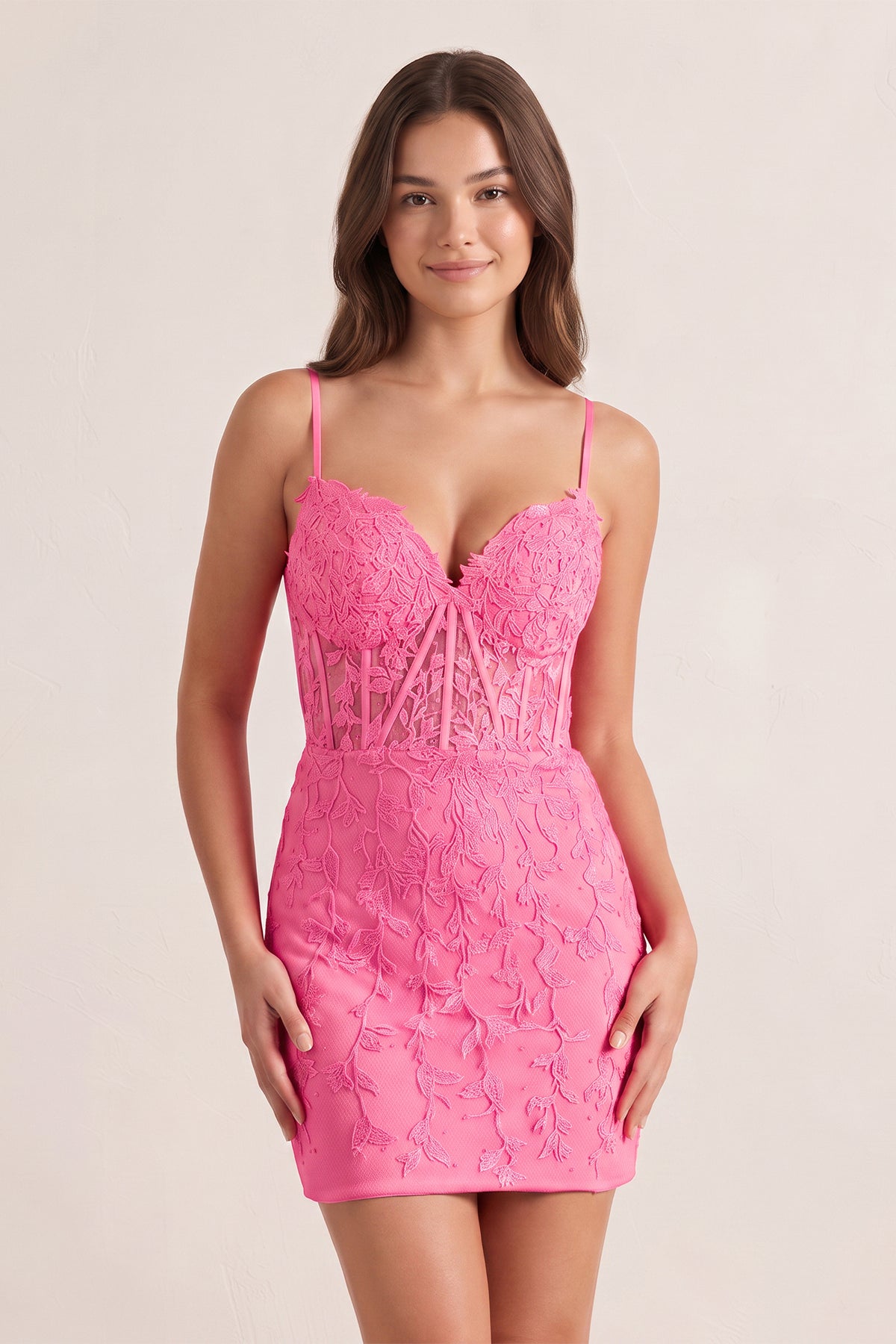 Bodycon Pink Spaghetti Straps Tight Short Homecoming Dress with Appliq