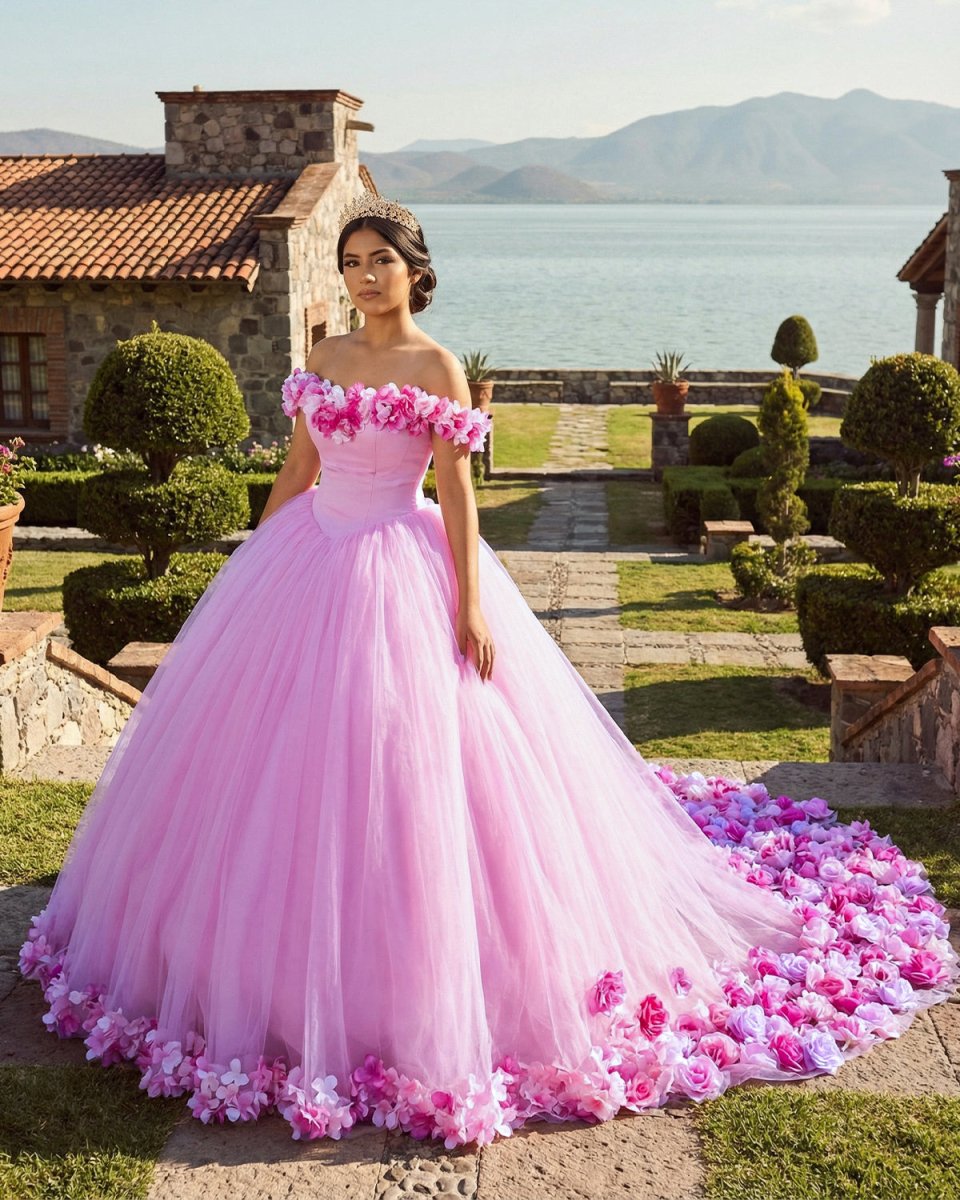 Pink Cathedral Train 3D Flowers Applique Wedding Gown Quinceanera Dresses, Pink / 4 Pink Cathedral Train 3D Flowers Applique Wedding Gown Quinceanera Dresses, Pink / 4