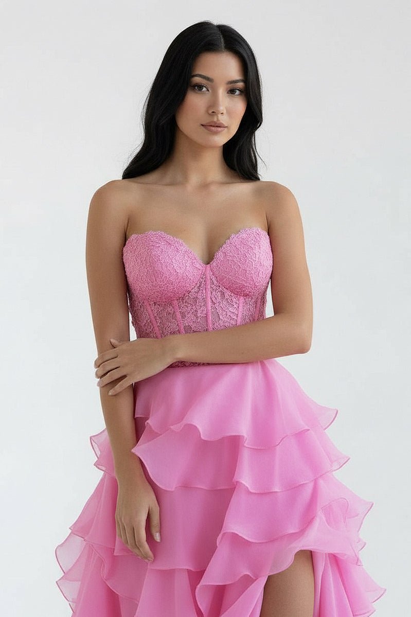 KissProm-Alondra Pink Chiffon Sweetheart Ruffle Tiered Long Prom Dress
