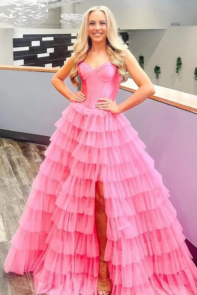 KissProm-Harmony Pink A-Line Sweetheart Tiered Tulle Prom Dress with Slit