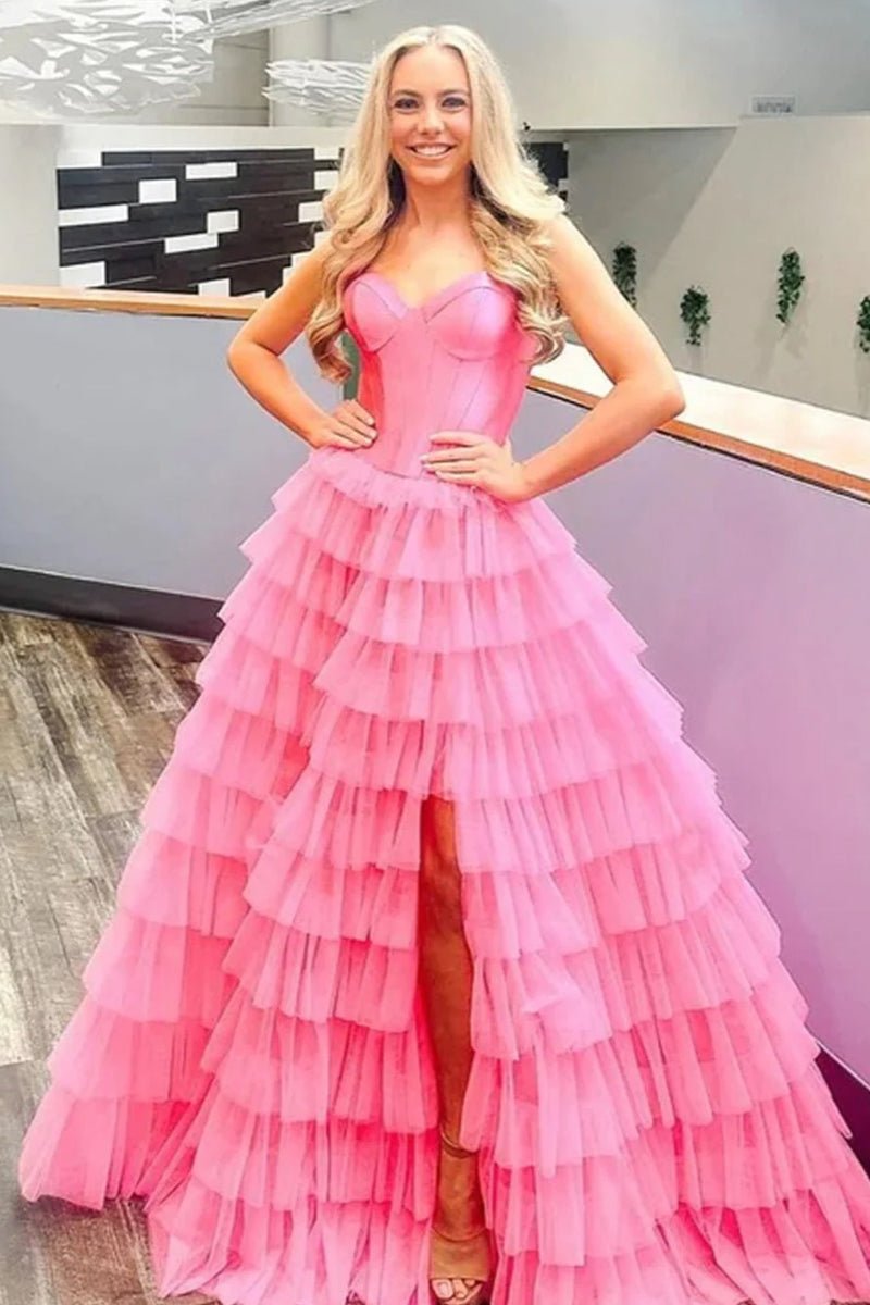 KissProm-Harmony Pink A-Line Sweetheart Tiered Tulle Prom Dress with Slit