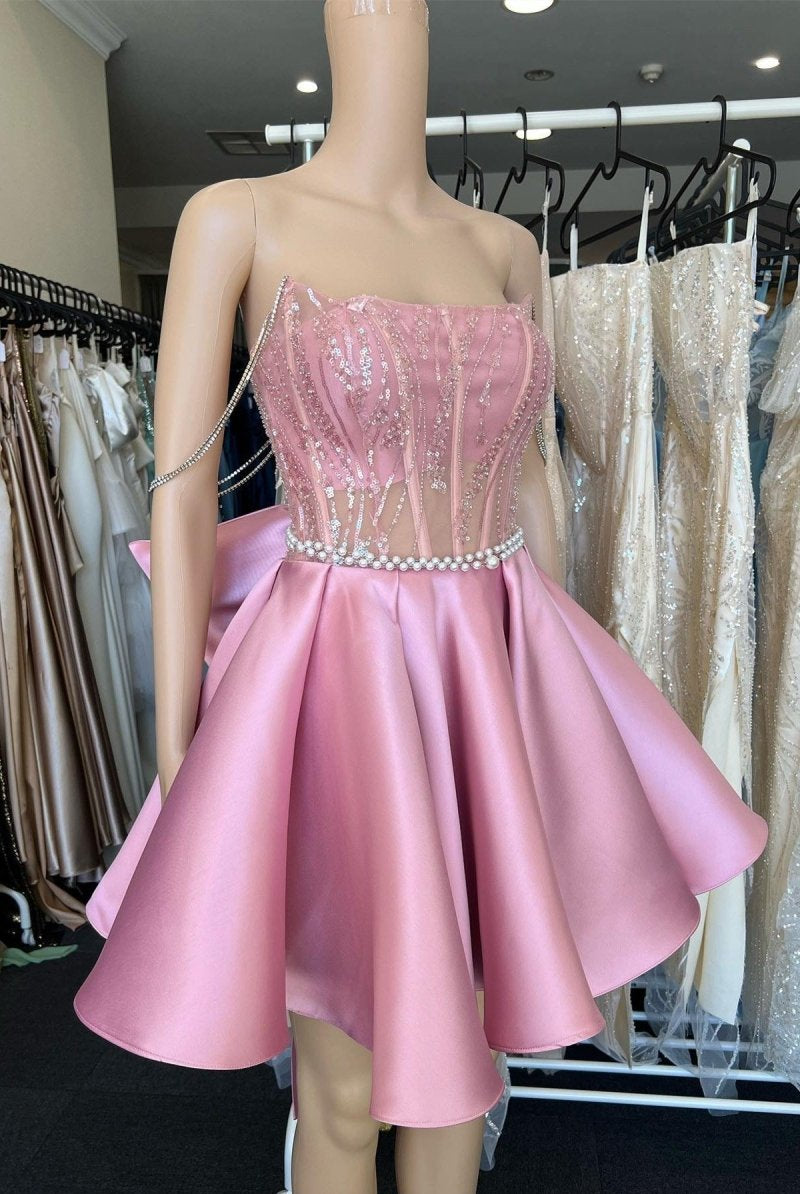 A-Line Pink Lace Off-the-Shoulder Bow-Back Short Homecoming Dress