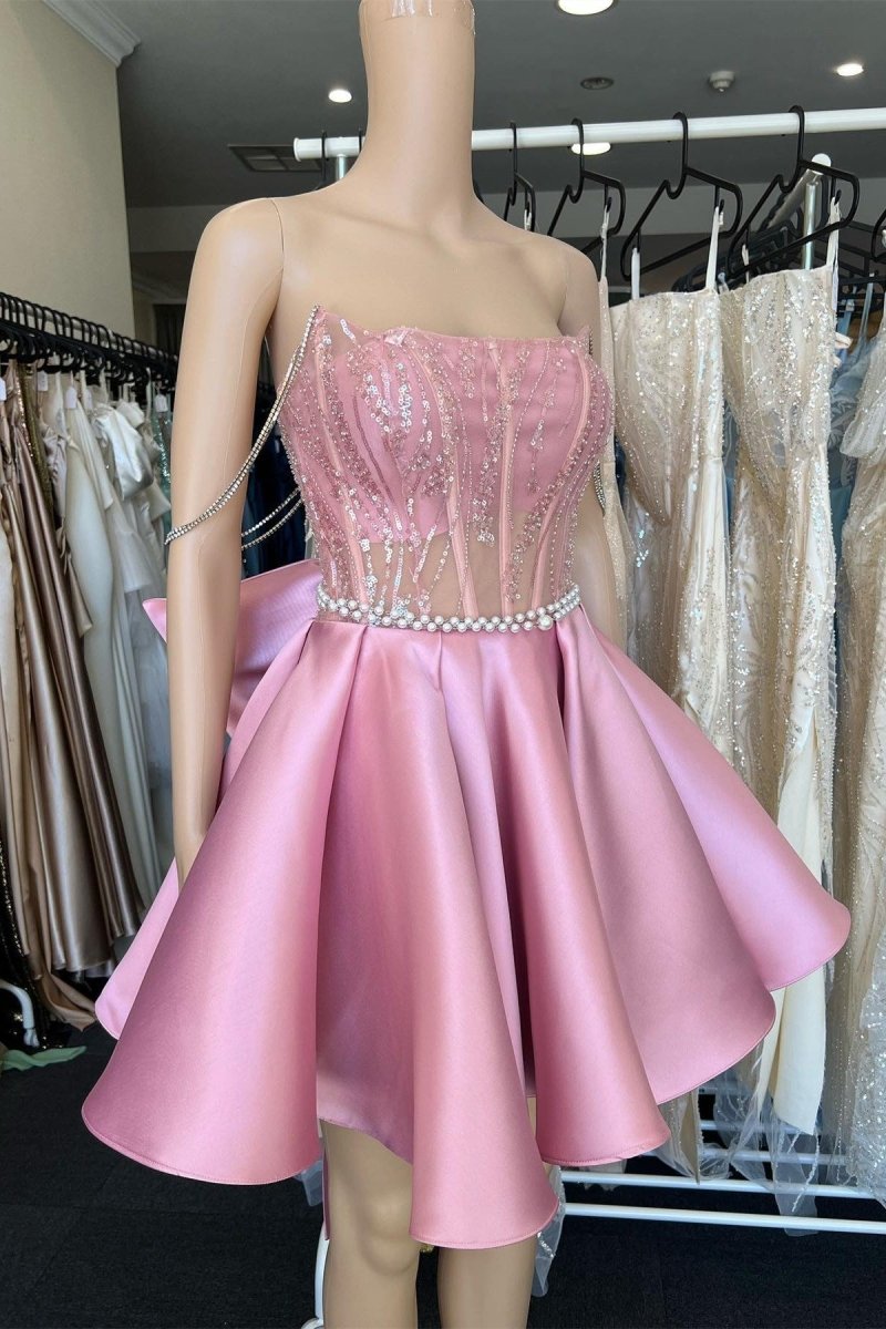 A-Line Pink Lace Off-the-Shoulder Bow-Back Short Homecoming Dress Pink / 0 A-Line Pink Lace Off-the-Shoulder Bow-Back Short Homecoming Dress Pink / 0