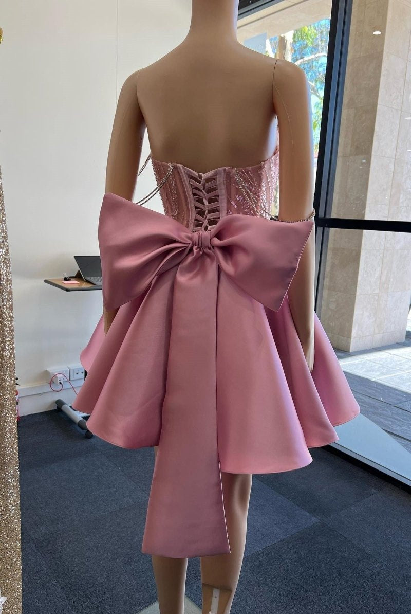 A-Line Pink Lace Off-the-Shoulder Bow-Back Short Homecoming Dress