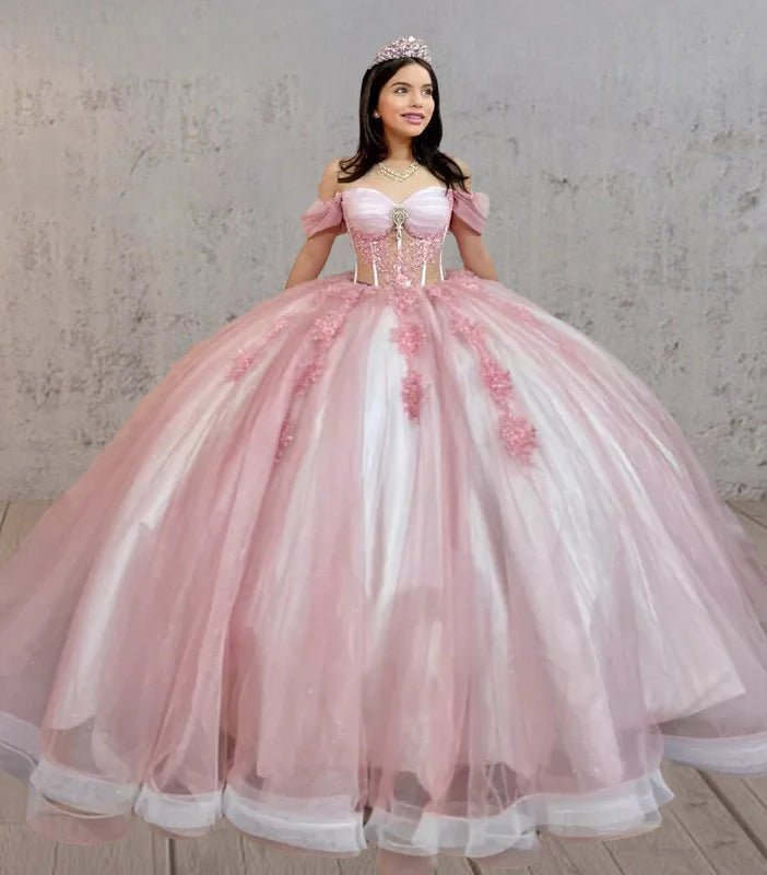 Pink Quinceanera Dresses Off The Shoulder with Appliques - KissProm