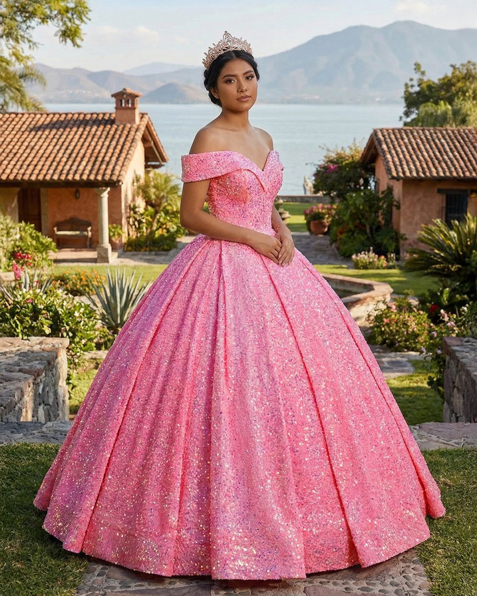 KissProm Pink Off The Shoulder Sequined Ball Gown Quinceanera Dresses, Pink / 10