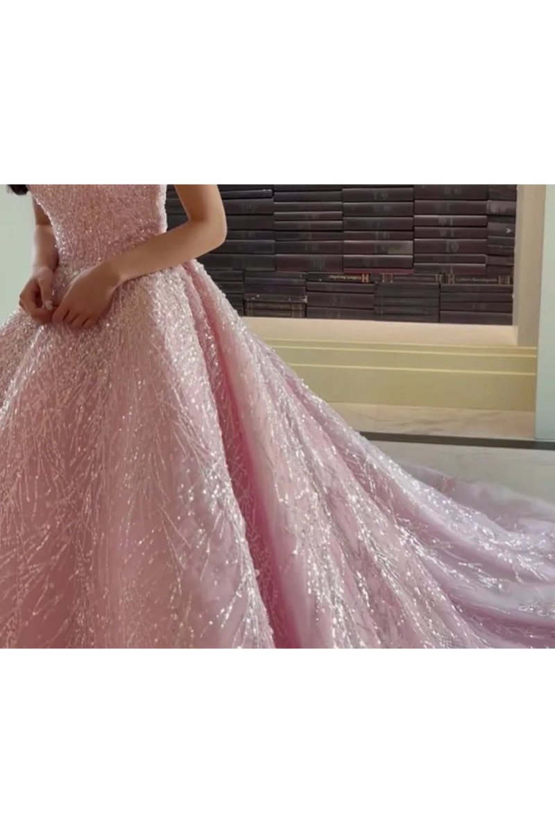 Pink Straps Sequin Beaded Long Ball Gown Quinceanera Dresses
