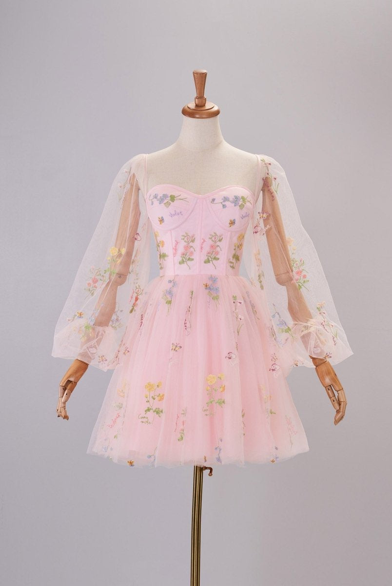 Sweetheart Embroidery Short-Length Tulle Puff Sleeves Cocktail Dress