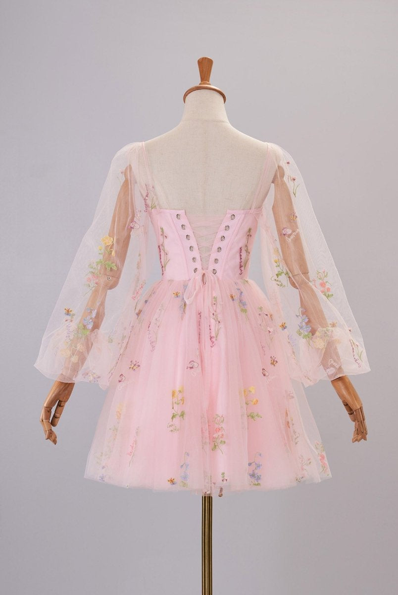 Sweetheart Embroidery Short-Length Tulle Puff Sleeves Cocktail Dress