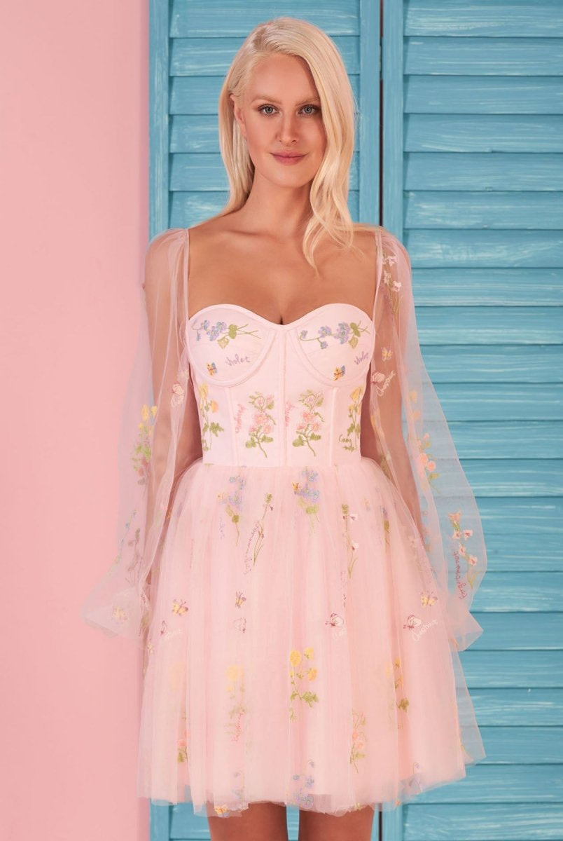 Sweetheart Embroidery Short-Length Tulle Puff Sleeves Cocktail Dress