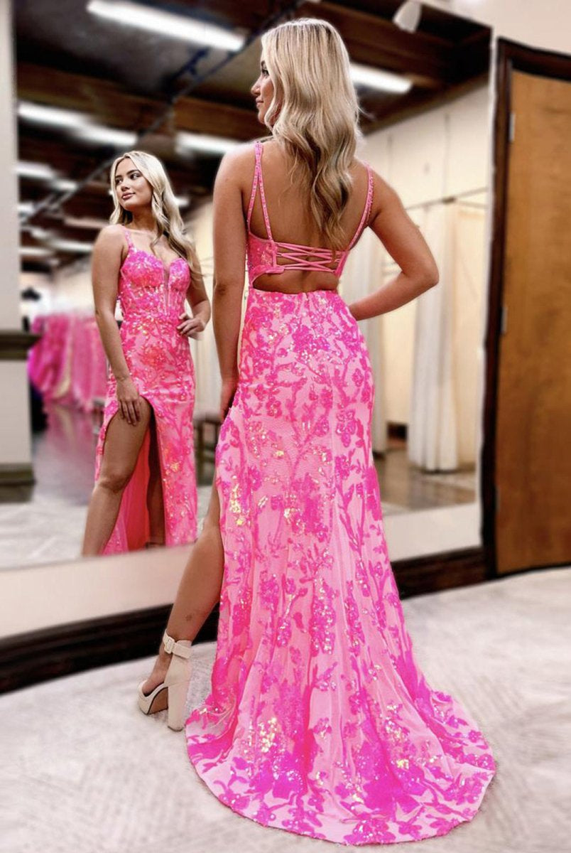 Pink Sweetheart Sequins Lace Mermaid Prom Dresses with Slit