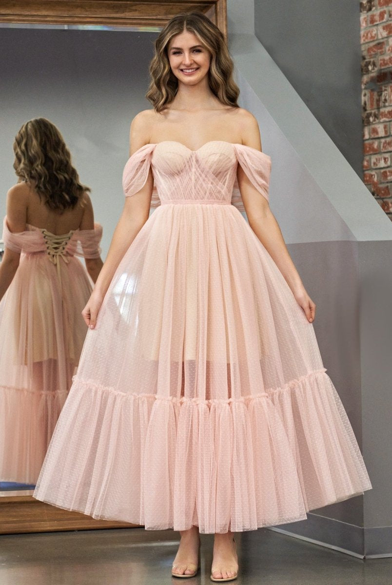 Nova | A-Line Rose Pink Tulle Sweetheart Tea-Length Prom Dress