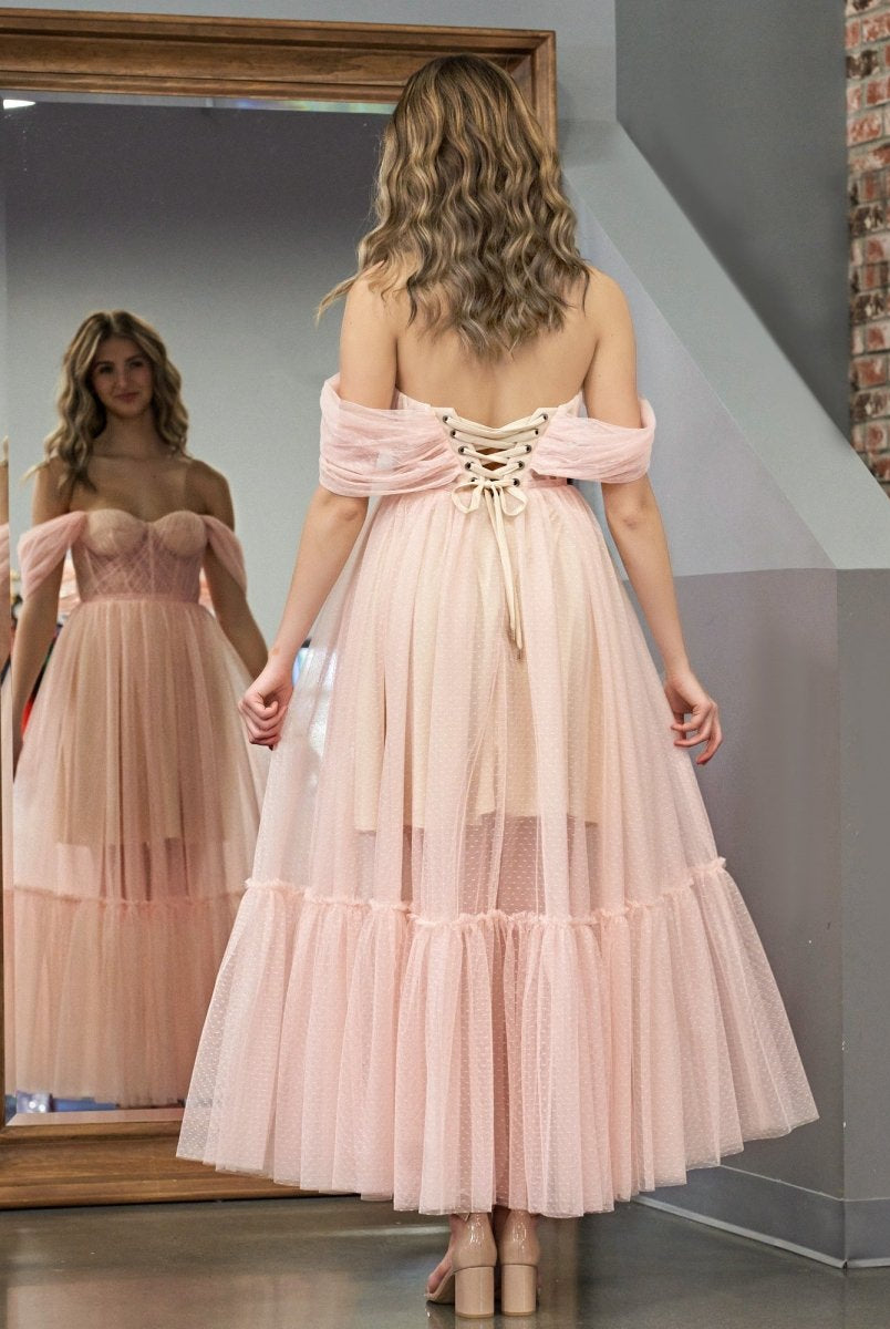 Nova | A-Line Rose Pink Tulle Sweetheart Tea-Length Prom Dress