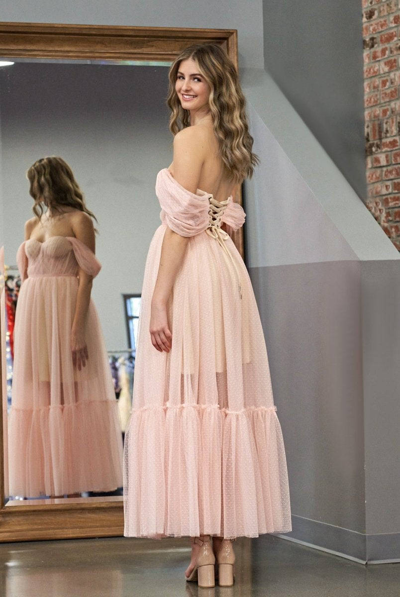 Nova | A-Line Rose Pink Tulle Sweetheart Tea-Length Prom Dress