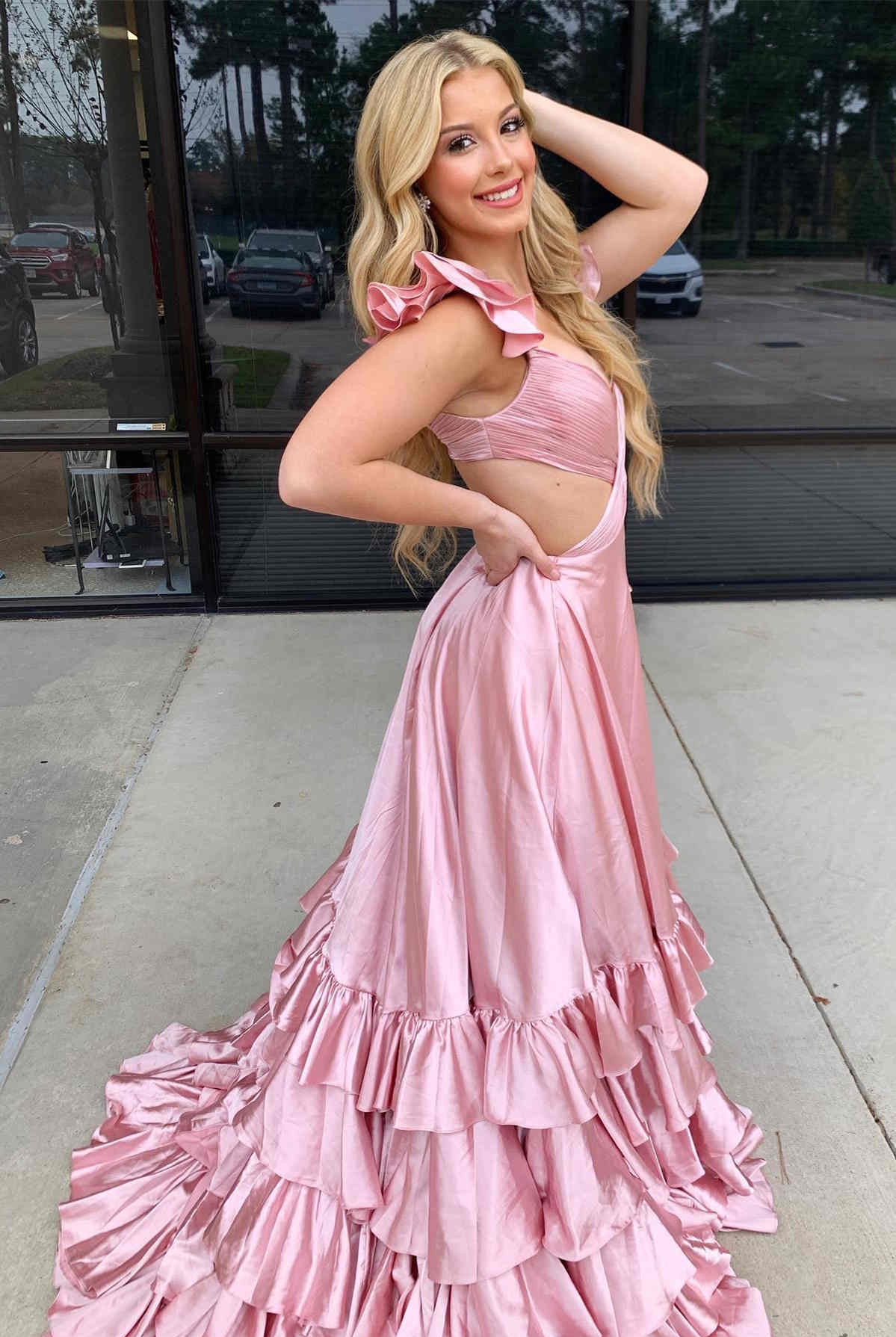 Brittany | Red Cutout Ruffle A-Line Long Prom Dress with Slit