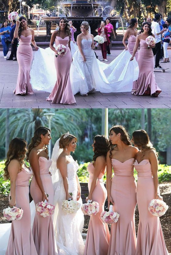 Mermaid Strapless Blush Pink Satin Bridesmaid Dresses Long Party Dresses - KissProm