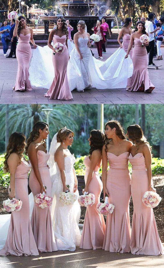 Mermaid Strapless Blush Pink Satin Bridesmaid Dresses Long Party Dresses - KissProm