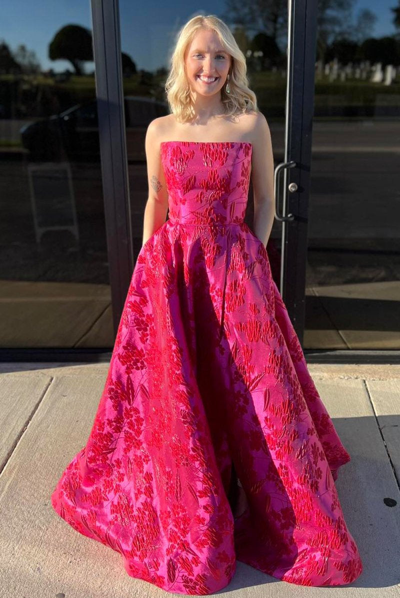 Pixie | Cute A Line Strapless Red Jacquard Satin Prom Dress - KissProm