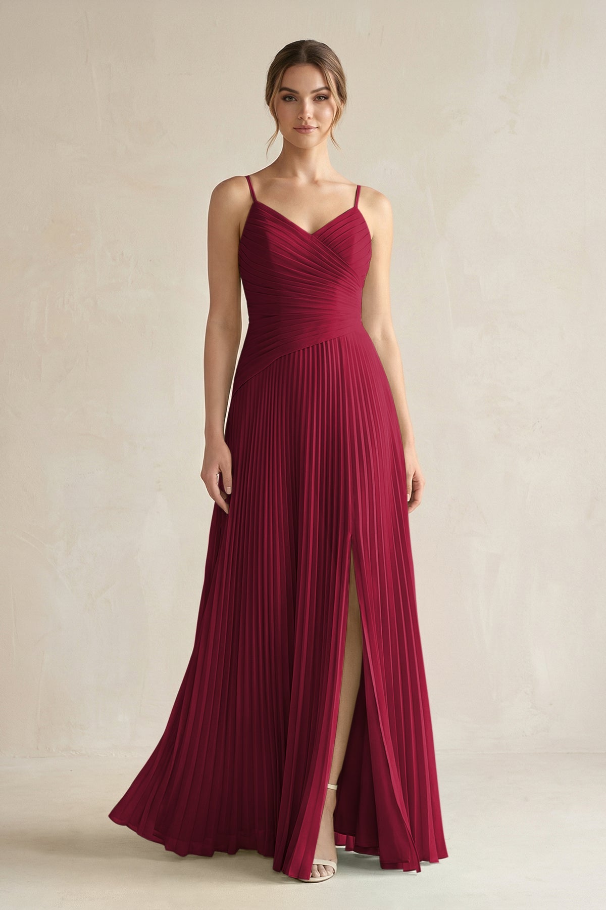 Pleated A-Line Long Chiffon Bridesmaid Dress in Berry, Berry / Custom Size( Free )