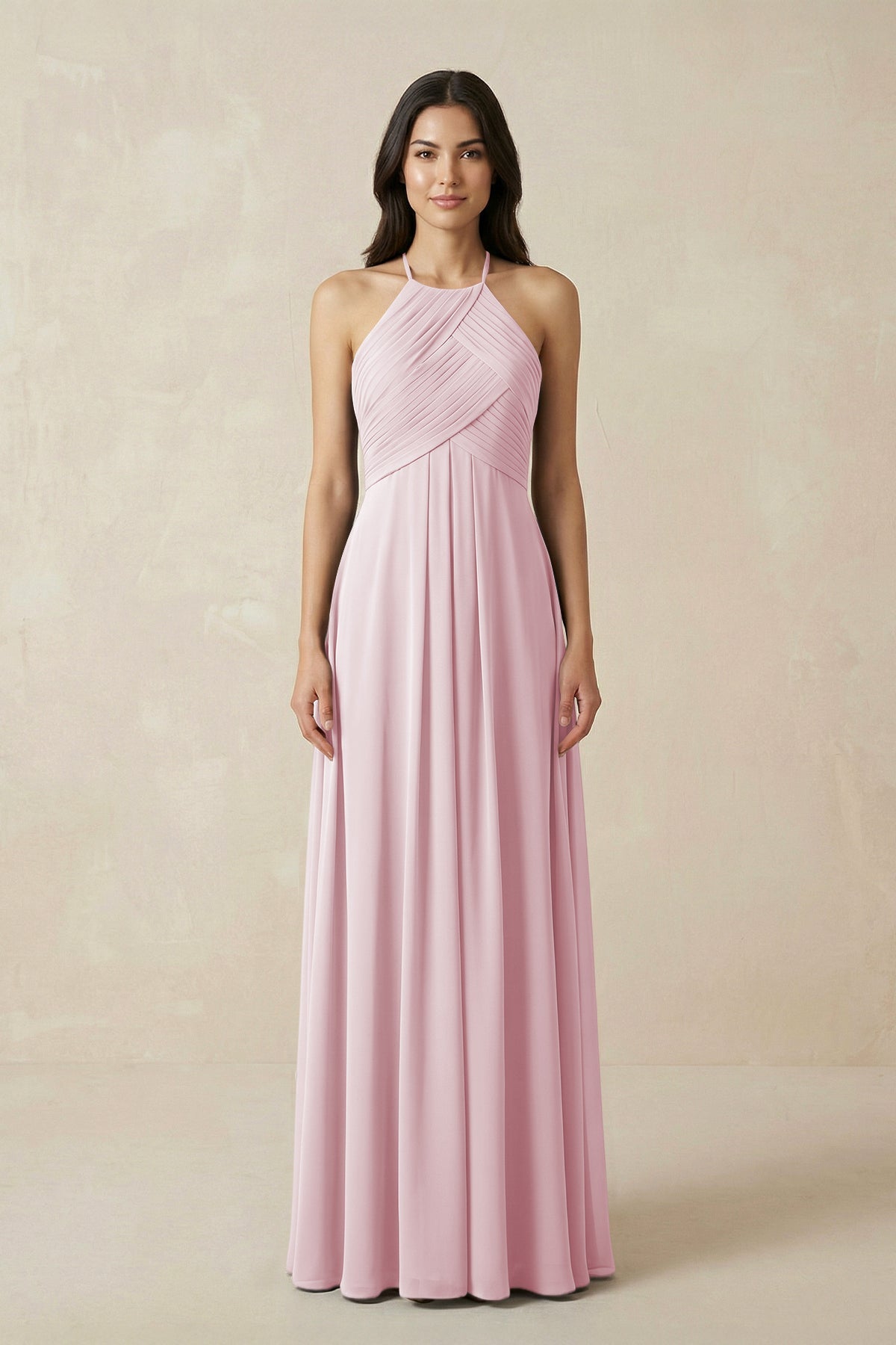 A-Line Halter Neck Pleated Chiffon Bridesmaid Dress in Candy Pink A-Line Halter Neck Pleated Chiffon Bridesmaid Dress in Candy Pink