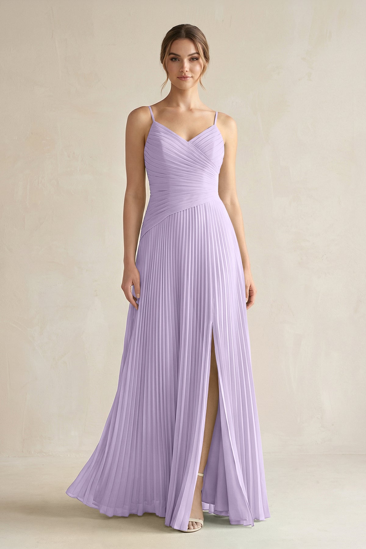 Pleated A-Line Long Chiffon Bridesmaid Dress in Lavender, Lavender / 24