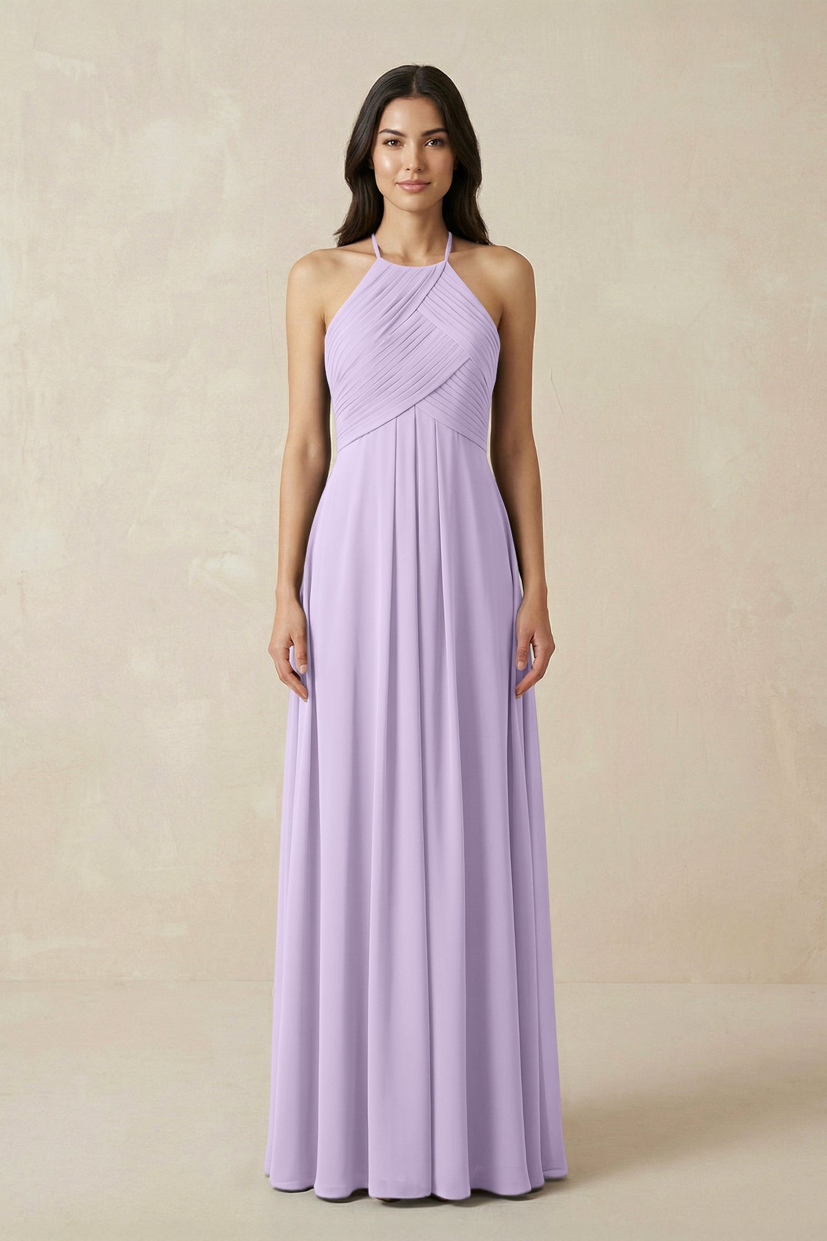 A-Line Halter Neck Pleated Chiffon Bridesmaid Dress in Lavender