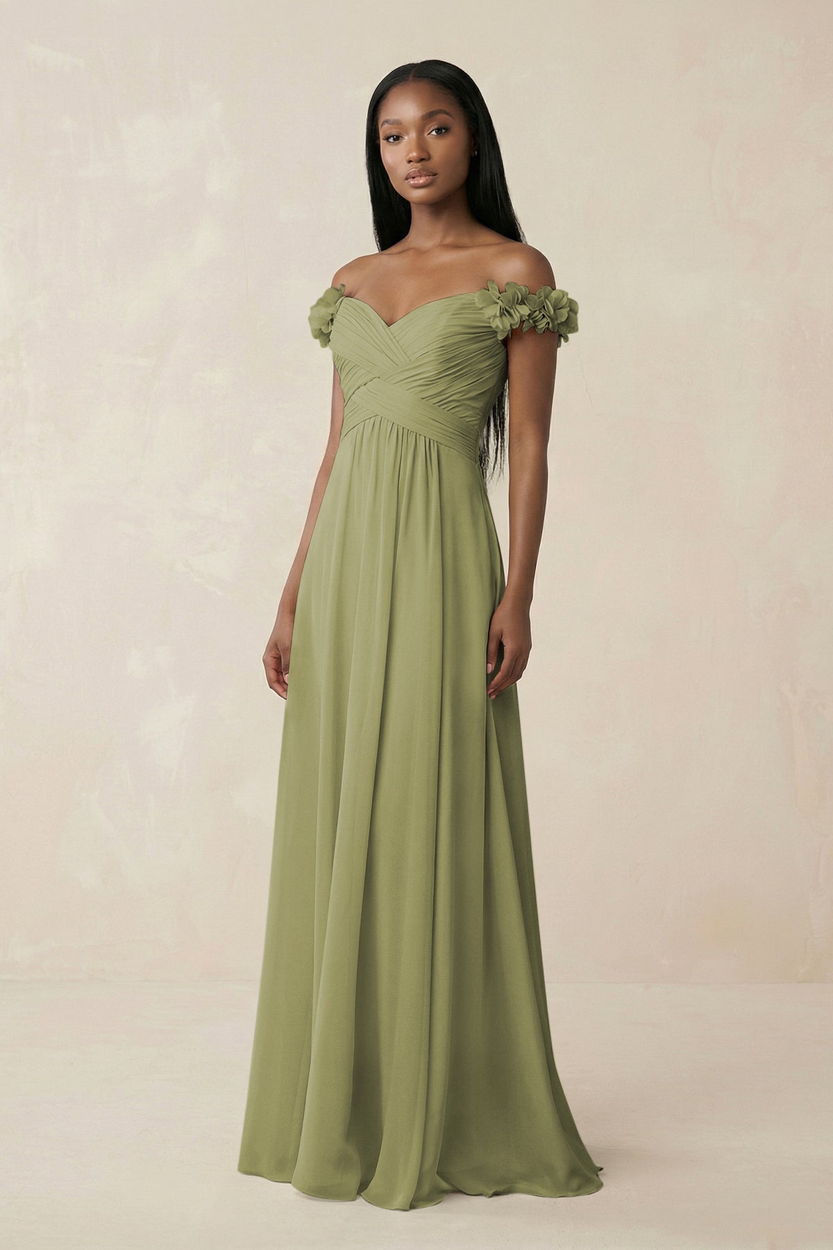 KissProm Pleated Off-the-Shoulder A-Line Chiffon Bridesmaid Dress in Moss Green, Moss Green / 20