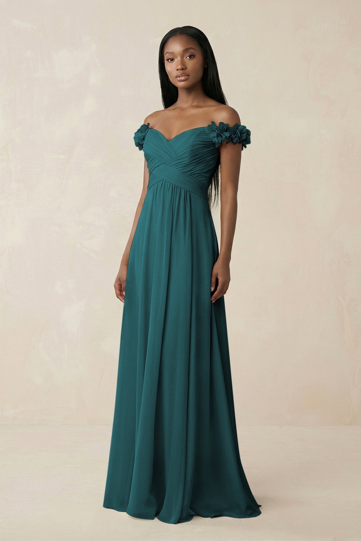 KissProm Pleated Off-the-Shoulder A-Line Chiffon Bridesmaid Dress in Pine, Pine / 2