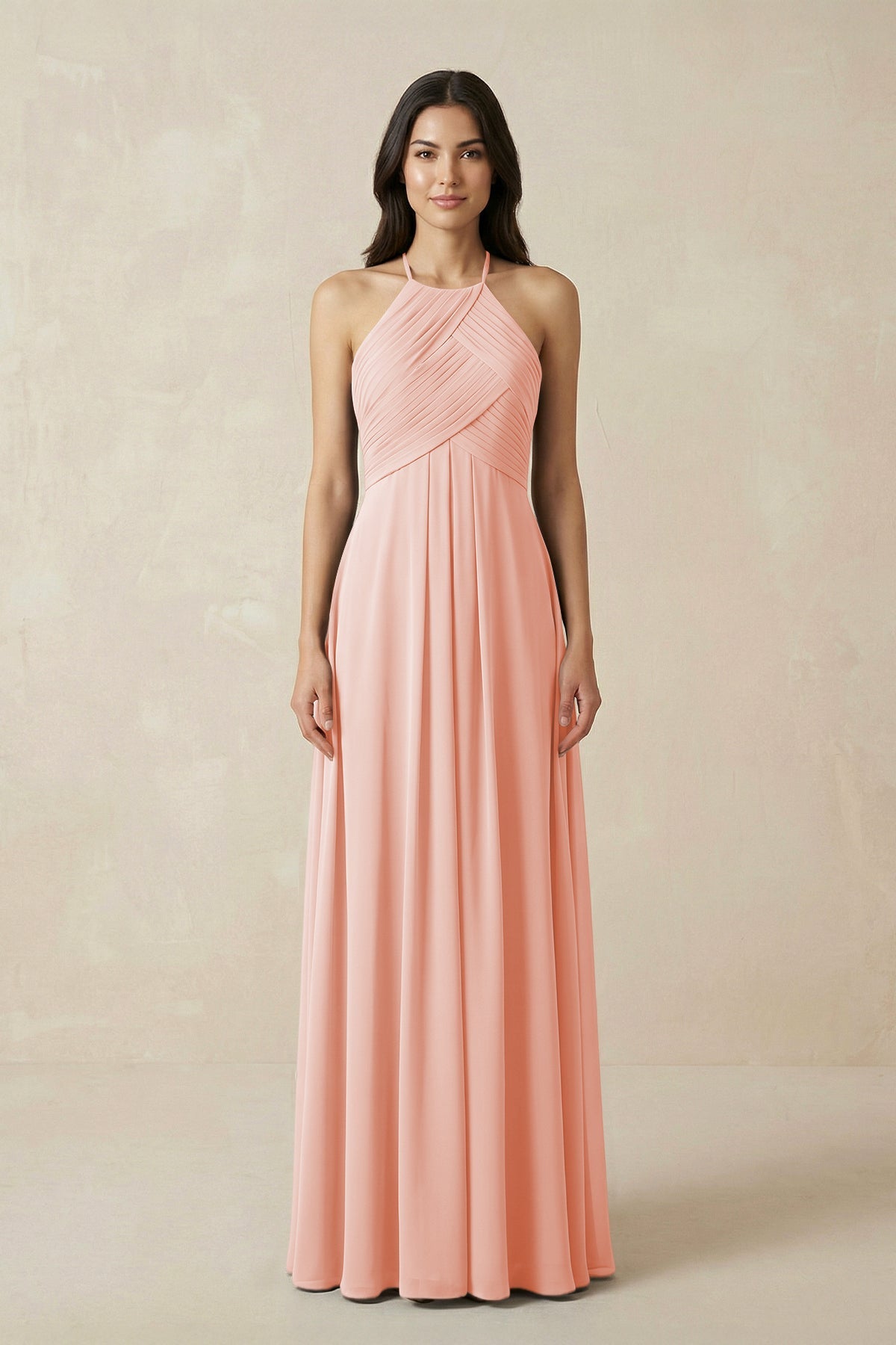 A-Line Halter Neck Pleated Chiffon Bridesmaid Dress in Rose Petal