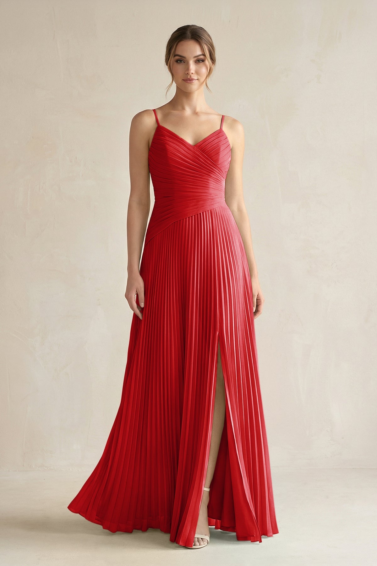 ruby red evening dress Ruby Red Beaded Net Gown with Deep Neck