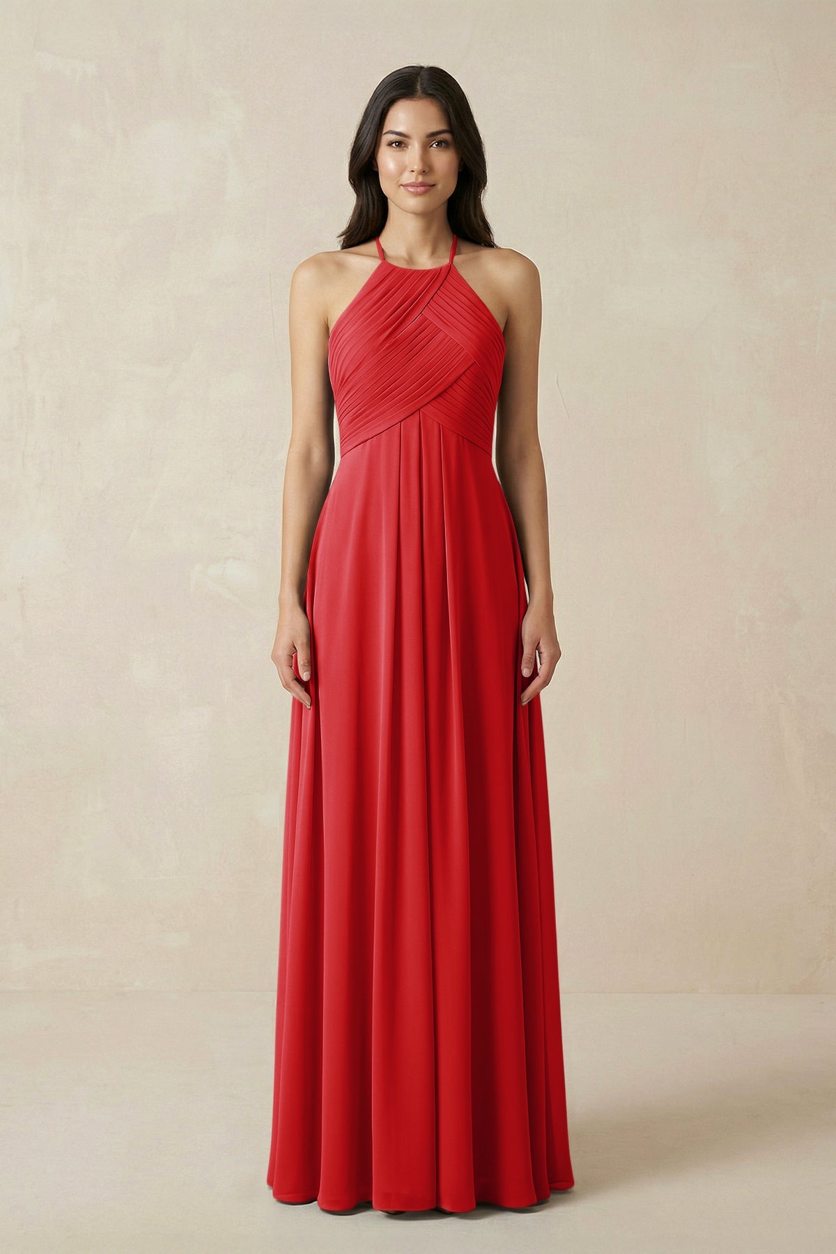 KissProm | Halter Neck Pleated Chiffon Bridesmaid Dress for Gala in Ruby Red