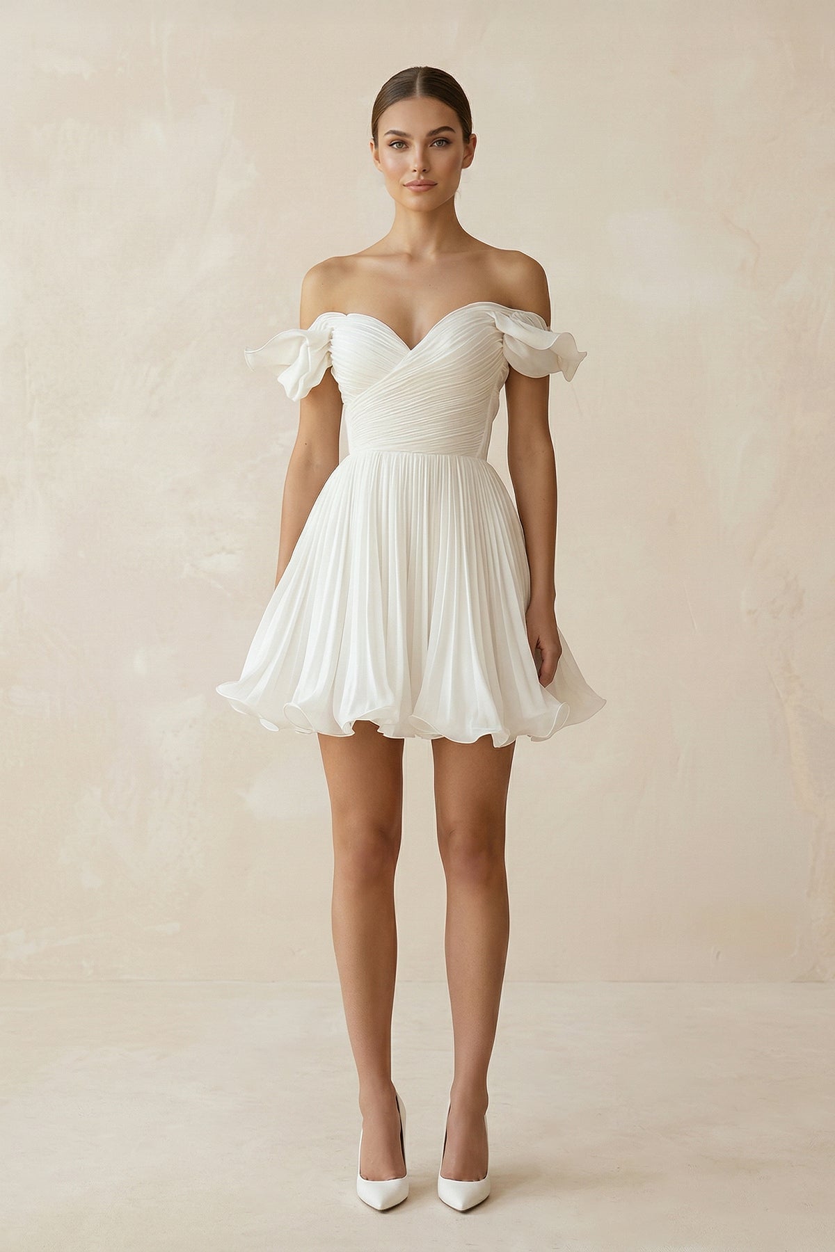 KissProm Pleated Ruffled Off-the-Shoulder A-Line Mini Wedding Dress in White, White / 30