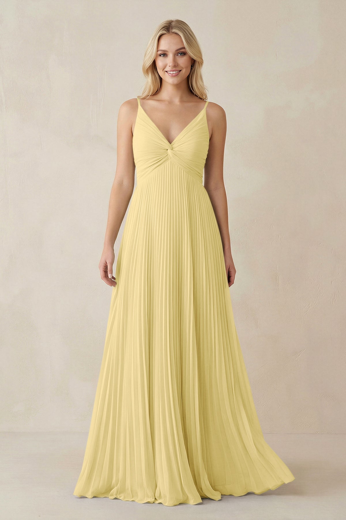 Pleated V-Neck A-Line Chiffon Bridesmaid Dress in Pastel Yellow, Pastel Yellow / 8 Pleated V-Neck A-Line Chiffon Bridesmaid Dress in Pastel Yellow, Pastel Yellow / 8