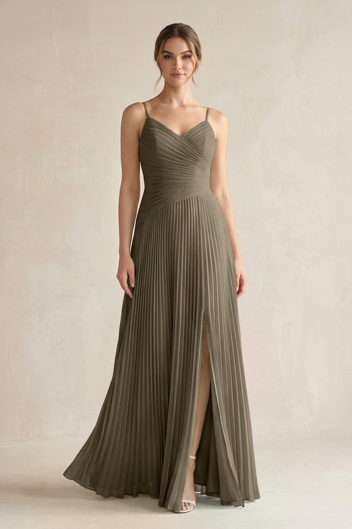 Pleated A-Line Long Chiffon Bridesmaid Dress in Willow Green, Willow Green / 16