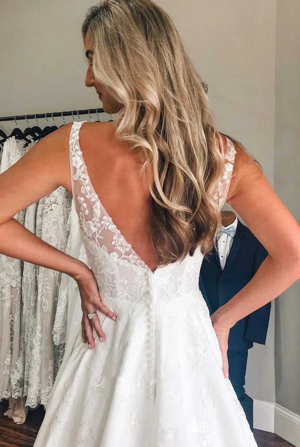 Sansa | Plunging Neckline A-Line Satin Wedding Dress With Low-V Back And Appliques