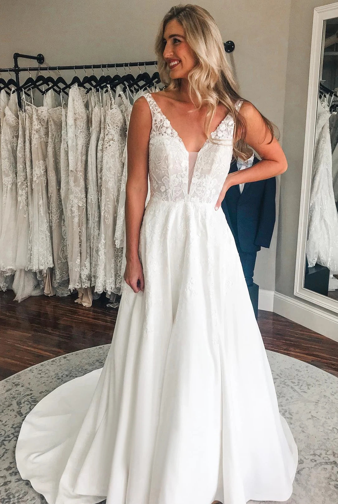 Sansa | Plunging Neckline A-Line Satin Wedding Dress With Low-V Back And Appliques